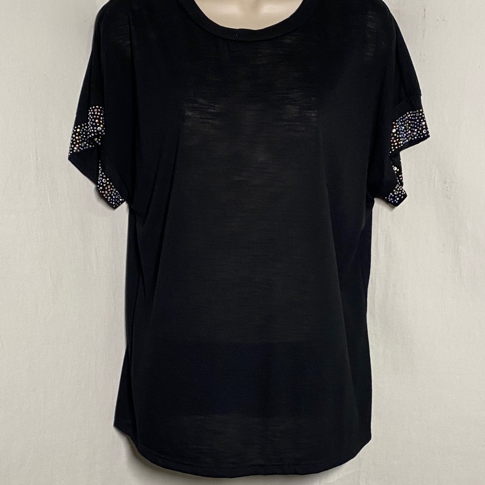 Vocal Black Short Sleeve Tee with Rhinestone Sleeve Accents